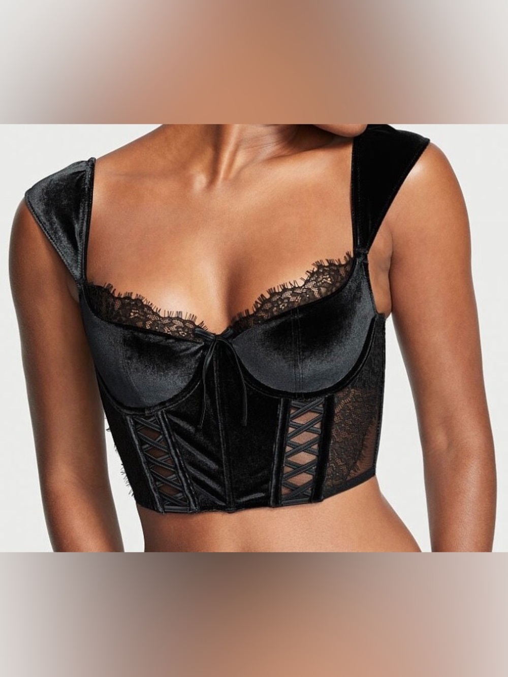 Victoria's Secret Black Velvet Lace Corset Crop Top